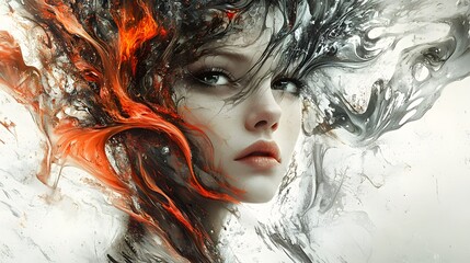 Fototapeta premium Abstract, surreal portrait of a woman with paint and flowing design elements, capturing movement and emotion