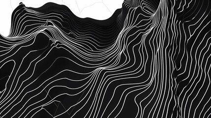 Digital abstract contour lines in black and white representing mountain landscape.