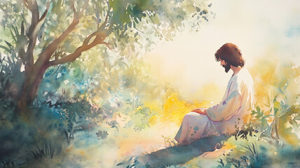 Fototapeta premium Watercolor illustration of Jesus in the Garden of Gethsemane