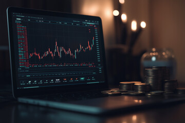 A laptop with digital graphs and skyscrapers floating around it, representing the innovative nature of cloud technology in business. 