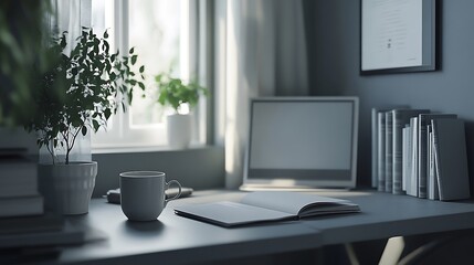 Fototapeta premium Minimalist Office Desk with Open Book, Coffee Mug, and Plants