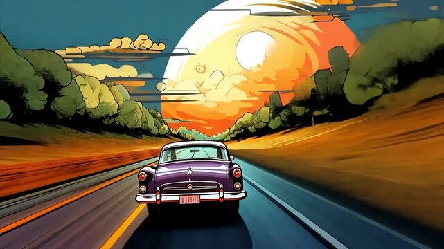 80 s classic car Moving through a dreamy highway street sunset vibrant colorful sky clouds tree