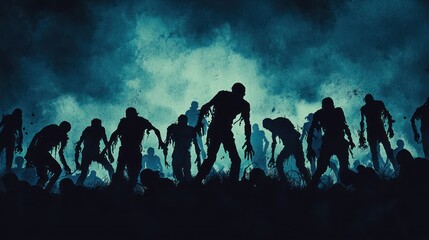 Fototapeta premium A horde of zombie silhouettes crawling out of the ground in a dark graveyard.