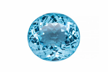 Natural swiss blue topaz oval faceted gemstone isolated on white background. Clean, transparent,...
