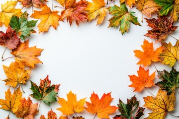 Autumn Maple Leaves Flat Lay White Background created with Generative AI