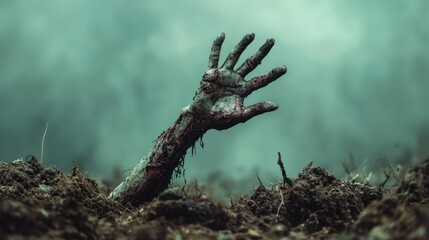 A zombie arm reaching out from a grave, grasping for the surface.