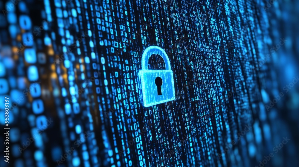 Poster Close-up of a digital lock icon on a matrix of blue binary code. Symbolizes cybersecurity and data encryption.