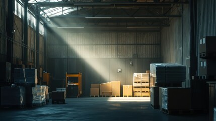 A Large Industrial Warehouse with Cardboard Boxes and a Single Beam of Light