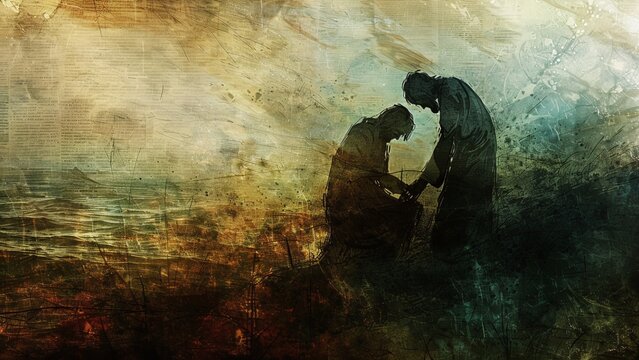 Good Samaritan Helping a Wounded Man in a Rugged Grunge-Style Landscape with Earthy Tones - Inspirational Christian Art Depicting Compassion and Faith