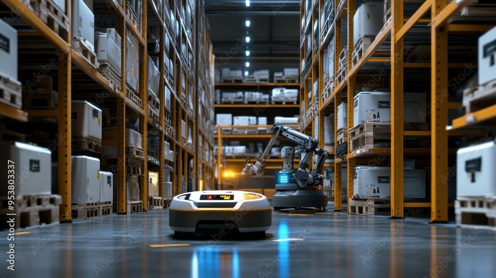 Poster automated warehouse robots moving products between shelves