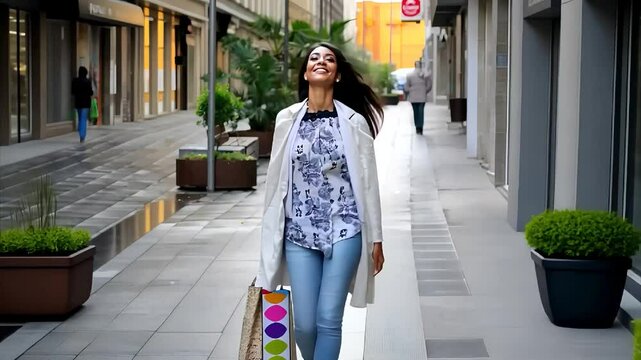 Woman with shopping bag walking though the street at a city smiling happy fashion model