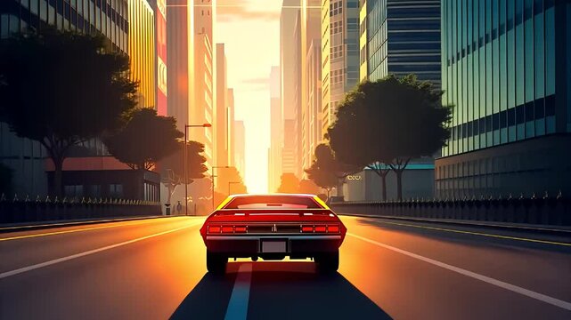 80s Classic car moving through a city at sunrise buildings trees sky orange