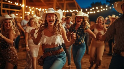 joyful people dancing in cowboy attire at lively country dance gathering under evening sky