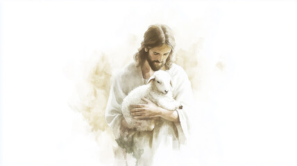 Watercolor illustration of Jesus as the Good Shepherd, holding a lamb gently in His arms, illustrated with delicate brushstrokes and a clean white background