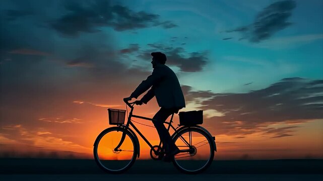 silhouette of a person riding a bicycle sunset sky clouds orange blue dreamy artwork