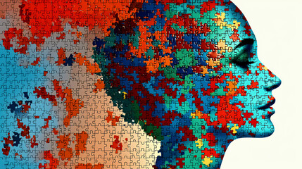 Human head silhouette composed of colorful puzzle pieces