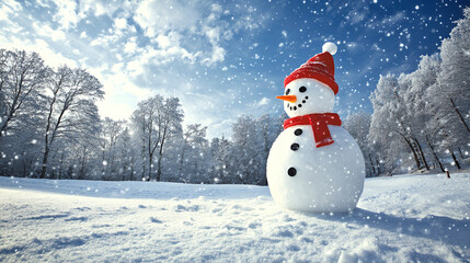 Obraz premium Luminous snowman wearing a red hat and scarf in winter