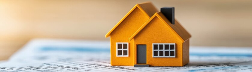 A small orange house model placed on a document, symbolizing real estate investment and home ownership concepts.