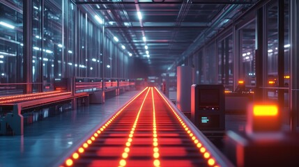 Red Illuminated Conveyor Belt in a Modern Industrial Facility