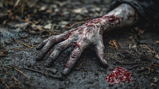 A dismembered zombie arm still twitching on the ground, with bloody fingerprints nearby.