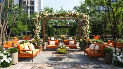 chic outdoor wedding in a modern urban park, with stylish furniture, contemporary floral arrangements, and a sleek ceremonial arch.