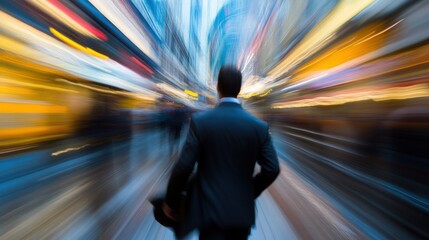 A Man Walking Through A Blurred Cityscape