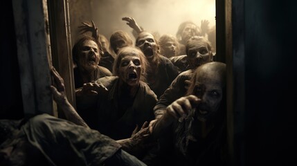 A terrifying zombie attack scene, with zombies breaking through a door as people scream. --ar 16:9 --style raw --v 5.2 Job ID: 7f678ef0-f249-4fda-8c81-3b611041dbbd