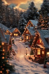 Fototapeta premium Nostalgic Christmas Village at Twilight: A Magical Winter Wonderland Scene