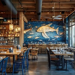 Sustainable seafood restaurant with ocean-inspired decor and fresh, high-quality seafood 16:9