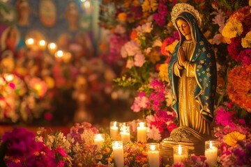 a majestic, golden-hued statue of the virgin of guadalupe sits atop a vibrant, flower-adorned altar in paraguay's fiesta de la virgen de guadalupe, surrounded by traditional textiles and candles