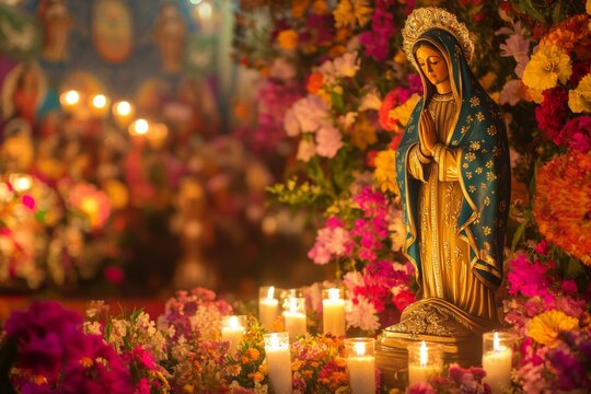 a majestic, golden-hued statue of the virgin of guadalupe sits atop a vibrant, flower-adorned altar in paraguay's fiesta de la virgen de guadalupe, surrounded by traditional textiles and candles