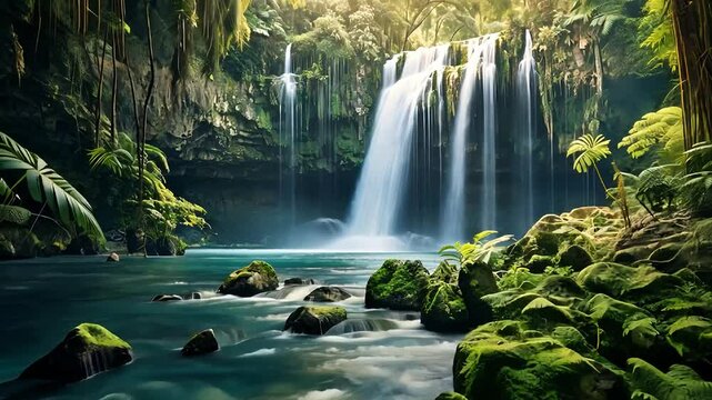 Waterfall in the forest jungle hidden oasis trees water