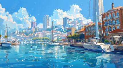 Obraz premium city landscape with a prominent waterfront area, featuring marinas, promenades, and waterfront buildings.