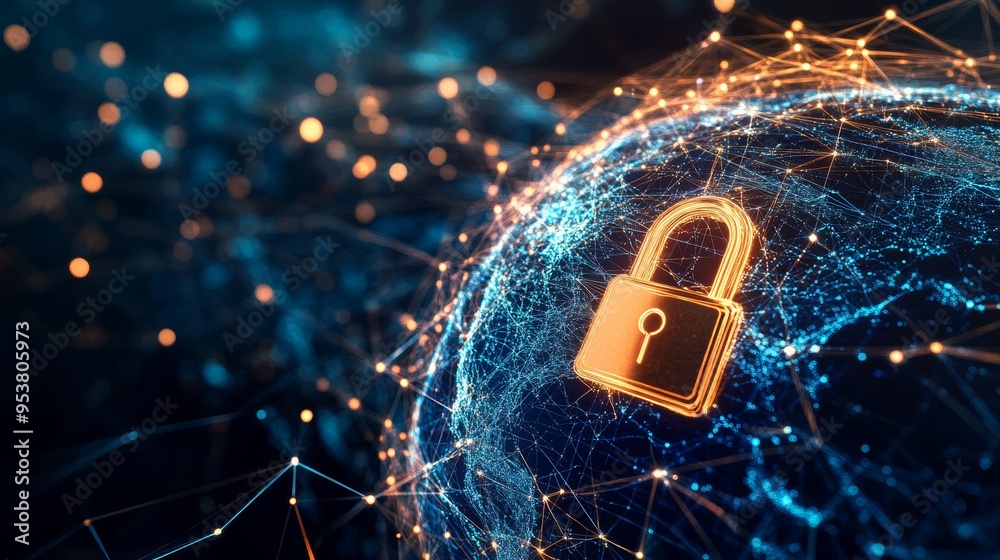 Poster glowing padlock icon over a digital world map, representing global cyber security. worldwide digital