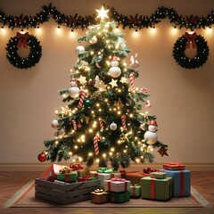 Christmas tree with lights and gifts in cozy setting