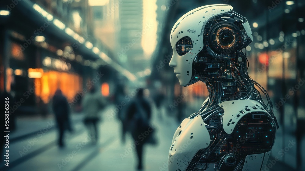 Poster a humanoid robot with exposed circuitry standing in a city street.