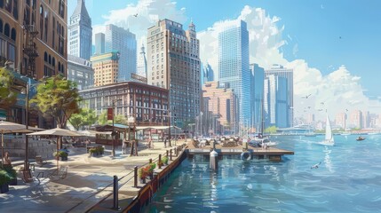 Obraz premium cityscape with a focus on waterfront development, showcasing high-rise buildings, marinas, and promenades along the water