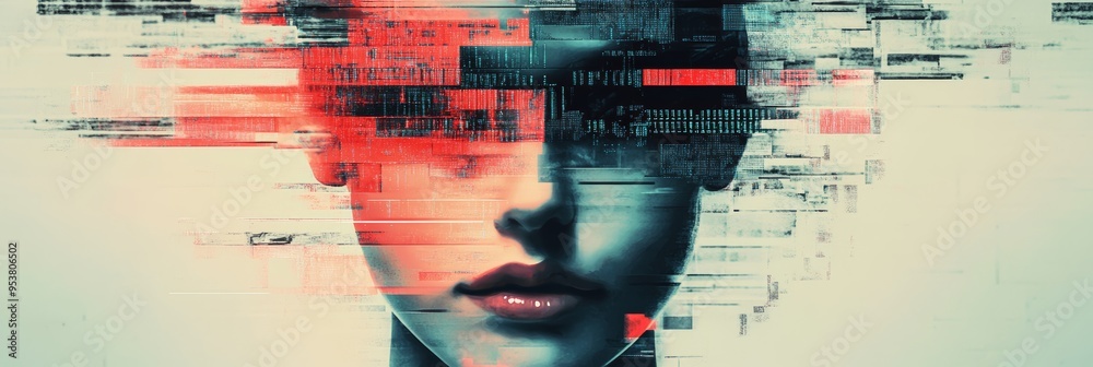 Aufkleber Abstract digital face with data streams and fragmented pixels against a dark background. Symbolizes digital identity and cybersecurity.