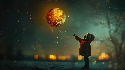 Fototapeta premium A child holding a balloon that turns into a planet.