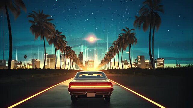 80's retro Vintage Classic car Moving through highway palm trees cityscape at dusk