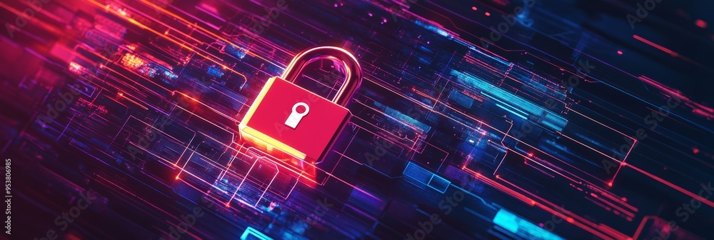 Poster vibrant red padlock on a digital background symbolizing secure networks. concept of protection again