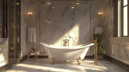 Luxurious Bathroom with Freestanding Tub and Gold Accents