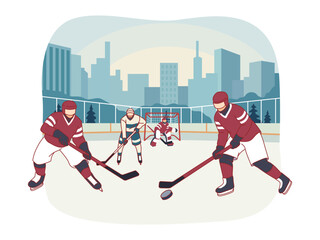 Fototapeta premium Ice hockey. Athletes in uniform skating with clubs, attackers aiming at goal, goalkeeper repels attacks, team sports game, tournament or championship cartoon flat isolated vector concept