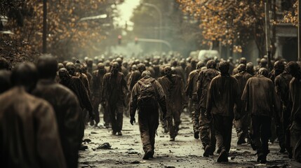 A horde of zombies walking aimlessly through an abandoned street, dragging their feet.