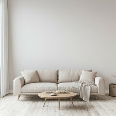 A minimalist living room with a sleek sofa and a single coffee table 