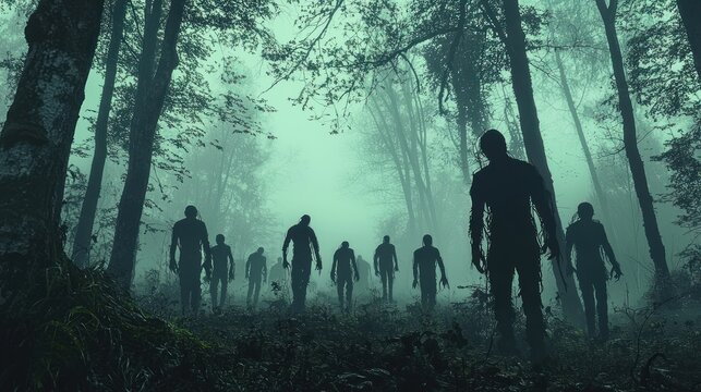 A group of zombies walking through a misty forest, their silhouettes barely visible.