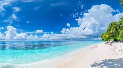 Fototapeta premium Beautiful Beach with White Sand and Turquoise Ocean Water, Panoramic View of a Sunny Day Generative AI