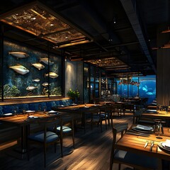 Restaurant specializing in sustainably sourced fish and shellfish with a focus on ocean-inspired design 16:9