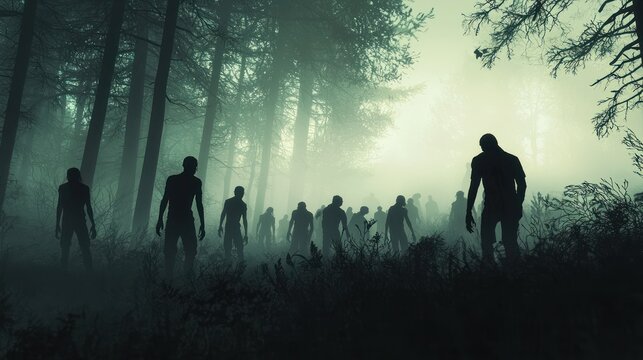 A group of zombies walking through a misty forest, their silhouettes barely visible.
