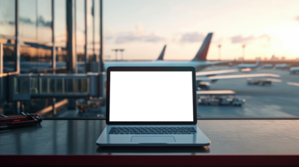 Laptop on a desk at the airport in the evening isolated on transparent background